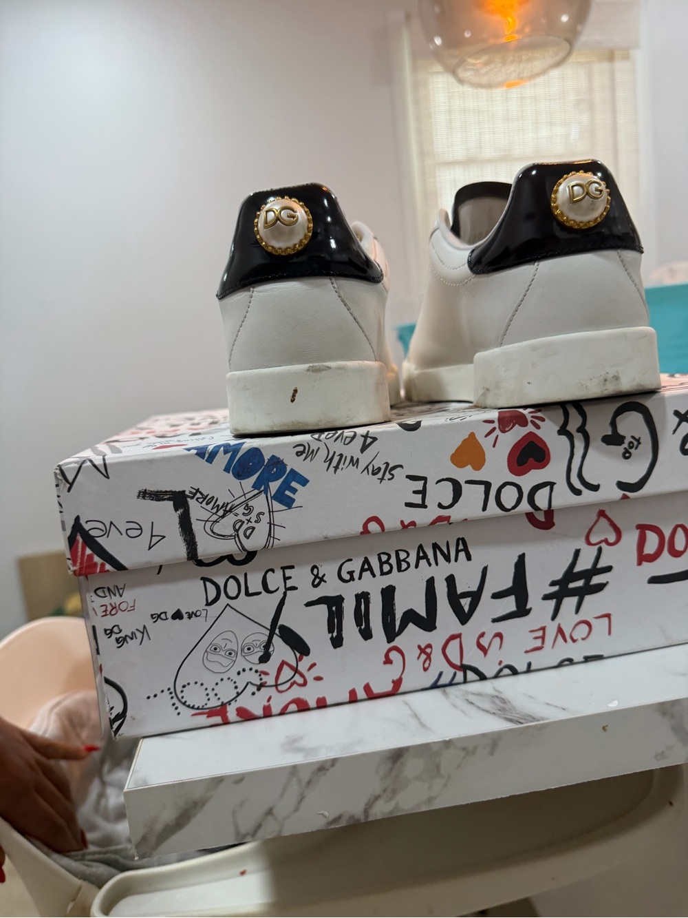 Dolce & Gabbana White Leather Sneakers with Black Heel Accent and Gold Hardware - Picture 6 of 7